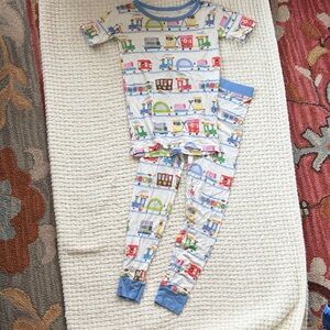 Little Sleepies White School-Print Pajama Set with Blue Trim